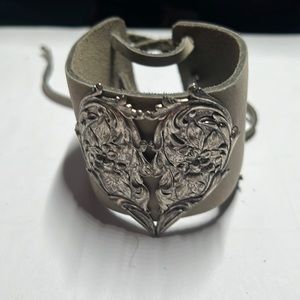 Grey leather lace up and silver heart bracelet handmade on Etsy